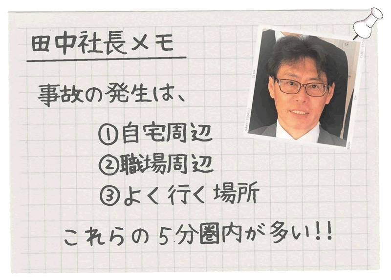 事故の発生は、自宅周辺、職場周辺、よく行く場所、これらの5分圏内が多い！！