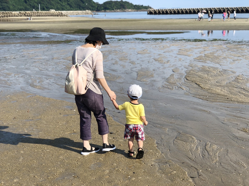 海で手をつなぐ親子の画像