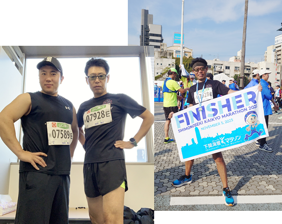 人生初フルマラソンにチャレンジし、完走した田中社長と社員の写真