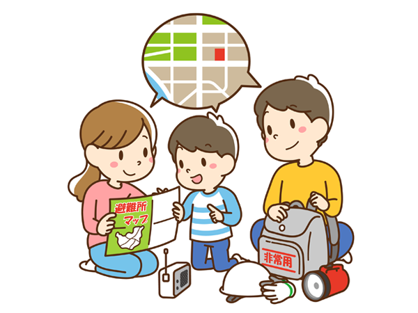 防災マップを見る人たちのイラスト