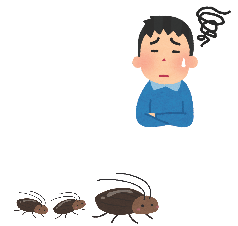 困った顔の男性とゴキブリのイラスト
